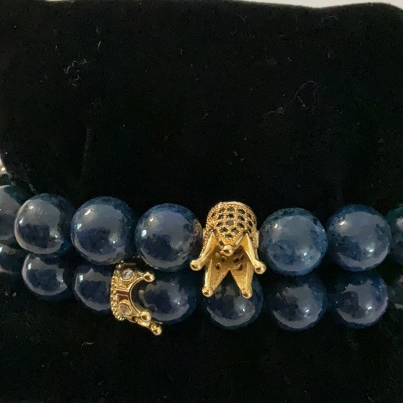 Hand Crafted Couple’s 2 Bracelets Blue Gemstone Pave King Queen Crown Rhinestone - Picture 9 of 11